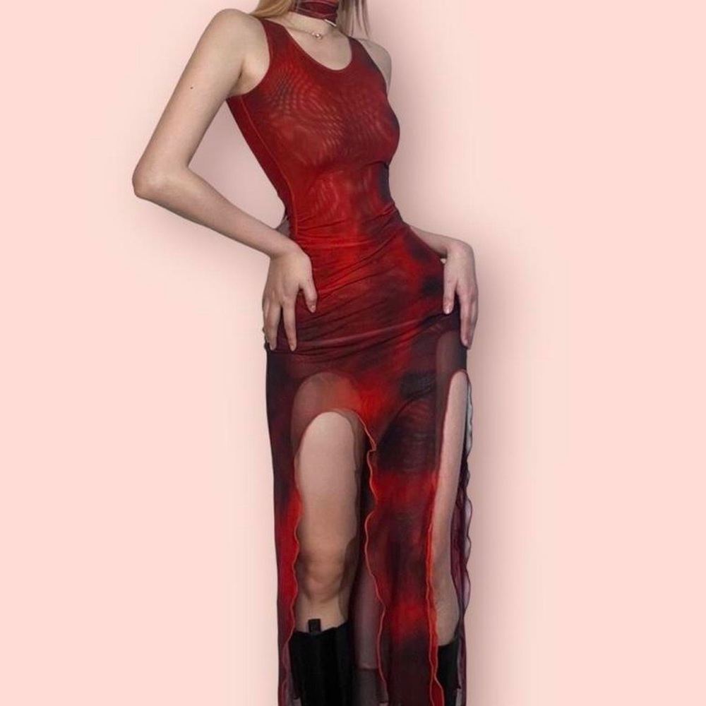 Y2K wine red techno rave festival party maxi dress size S